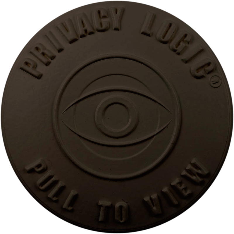 A brown portable peephole cover with a logo